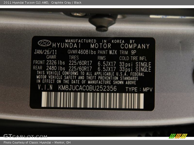 Graphite Gray / Black 2011 Hyundai Tucson GLS AWD