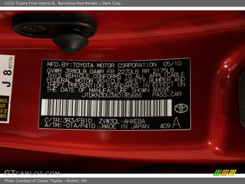 Barcelona Red Metallic / Dark Gray 2010 Toyota Prius Hybrid III