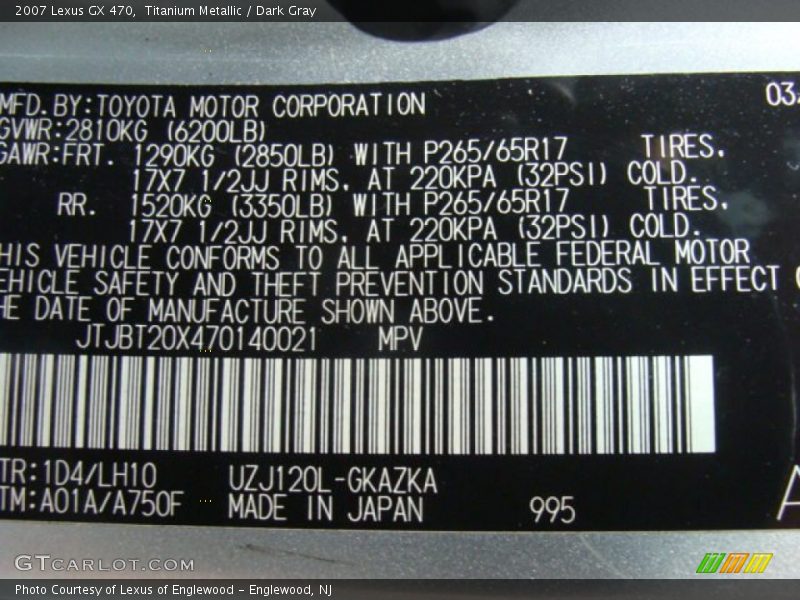 Titanium Metallic / Dark Gray 2007 Lexus GX 470