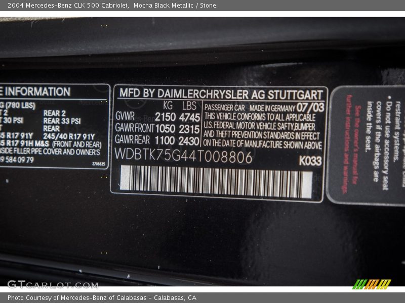 2004 CLK 500 Cabriolet Mocha Black Metallic Color Code 033