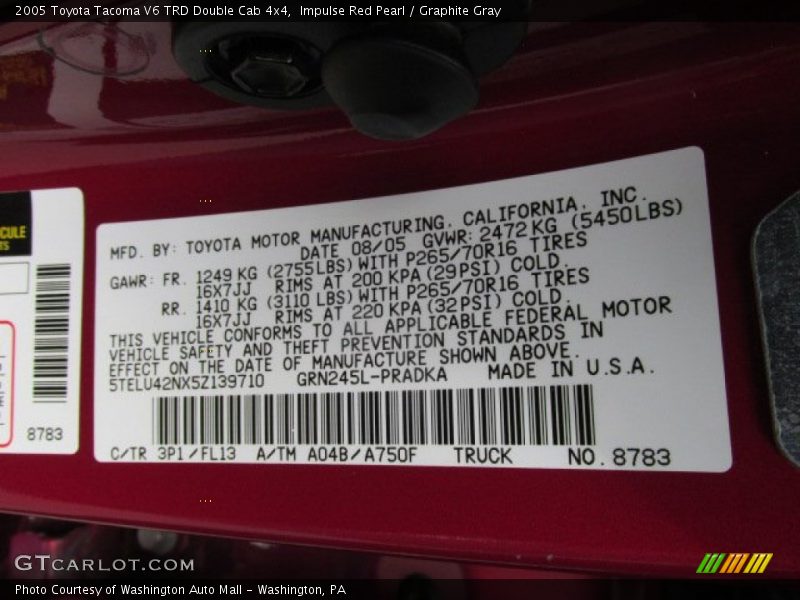 2005 Tacoma V6 TRD Double Cab 4x4 Impulse Red Pearl Color Code 3P1