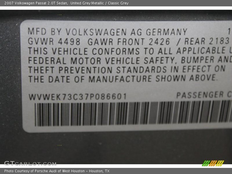 United Grey Metallic / Classic Grey 2007 Volkswagen Passat 2.0T Sedan