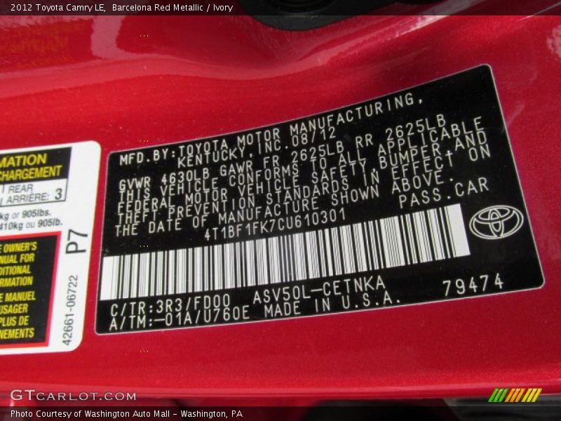 Barcelona Red Metallic / Ivory 2012 Toyota Camry LE