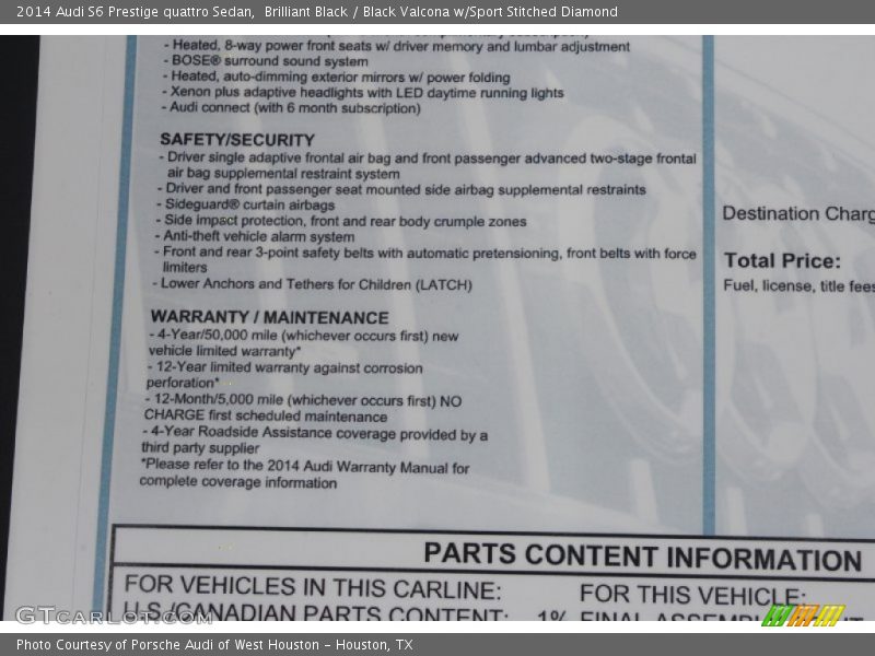  2014 S6 Prestige quattro Sedan Window Sticker