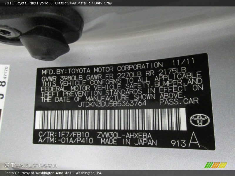 2011 Prius Hybrid II Classic Silver Metallic Color Code 1F7