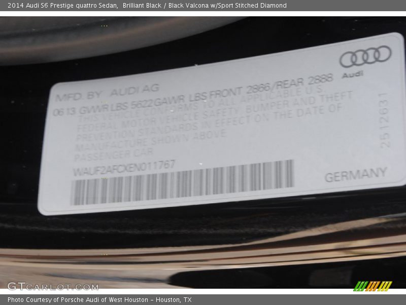 Brilliant Black / Black Valcona w/Sport Stitched Diamond 2014 Audi S6 Prestige quattro Sedan