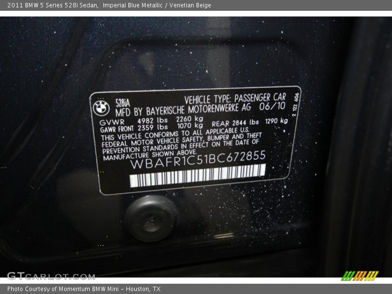 Imperial Blue Metallic / Venetian Beige 2011 BMW 5 Series 528i Sedan
