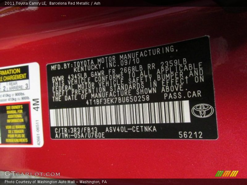 Barcelona Red Metallic / Ash 2011 Toyota Camry LE