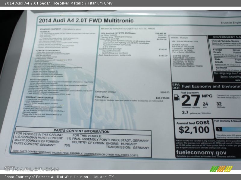  2014 A4 2.0T Sedan Window Sticker