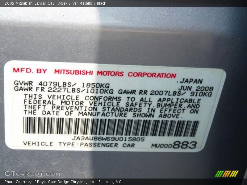 Apex Silver Metallic / Black 2009 Mitsubishi Lancer GTS