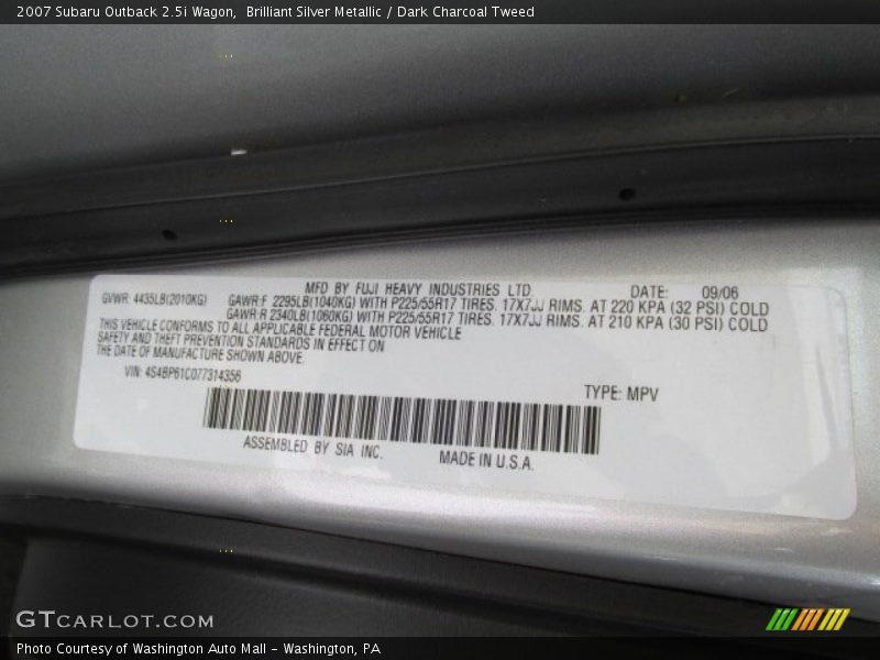Brilliant Silver Metallic / Dark Charcoal Tweed 2007 Subaru Outback 2.5i Wagon