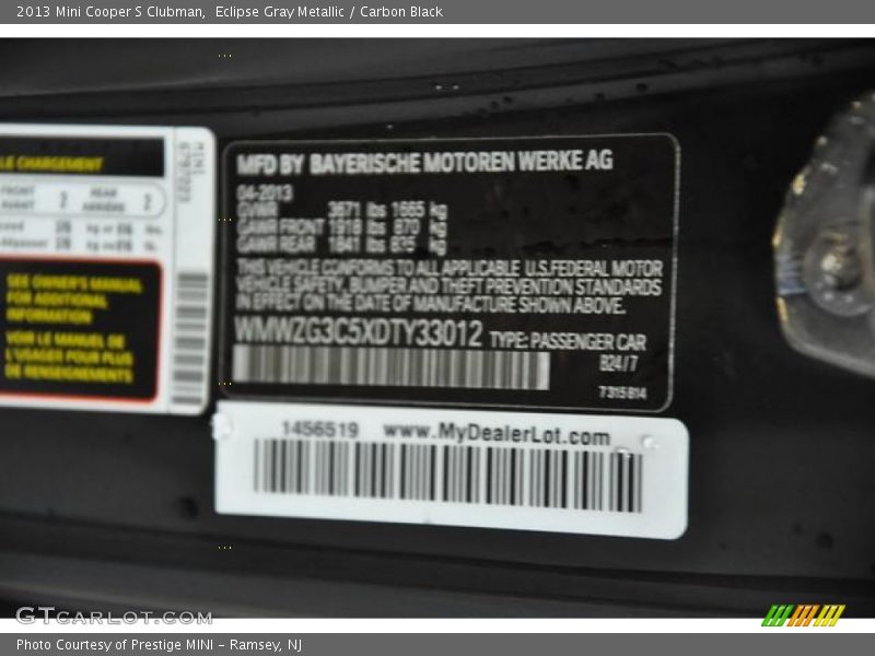 Eclipse Gray Metallic / Carbon Black 2013 Mini Cooper S Clubman