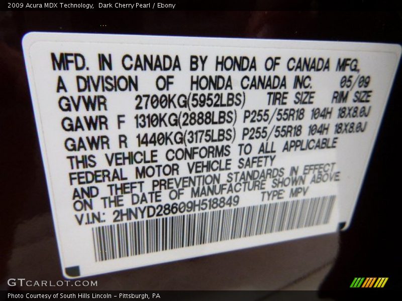 Dark Cherry Pearl / Ebony 2009 Acura MDX Technology