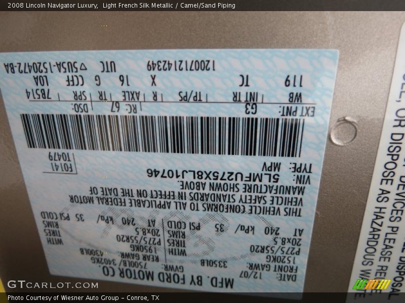 2008 Navigator Luxury Light French Silk Metallic Color Code G3