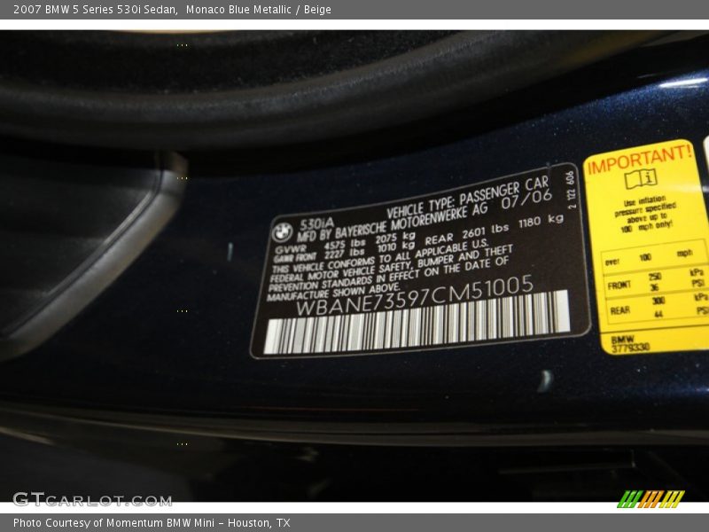 Monaco Blue Metallic / Beige 2007 BMW 5 Series 530i Sedan
