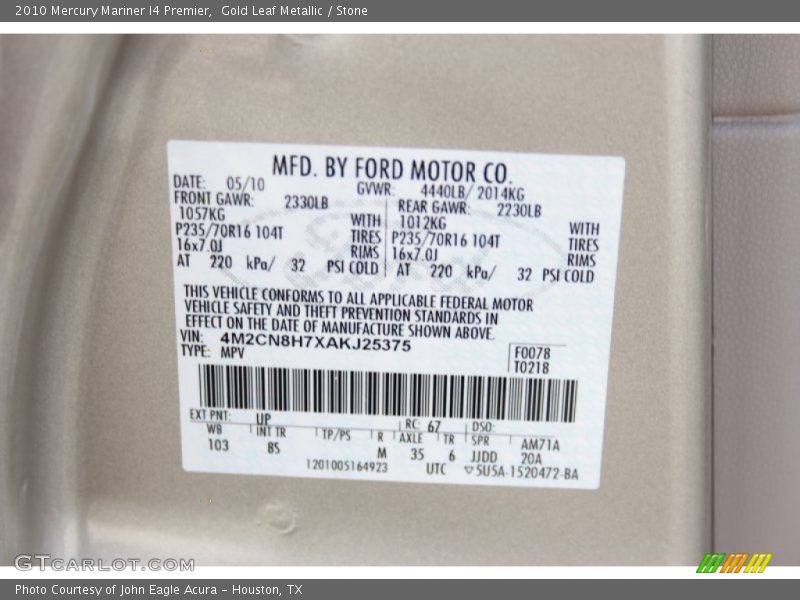 2010 Mariner I4 Premier Gold Leaf Metallic Color Code UP