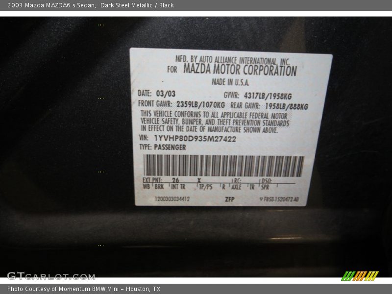 2003 MAZDA6 s Sedan Dark Steel Metallic Color Code 26X