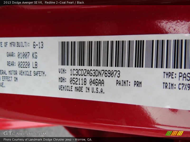Redline 2-Coat Pearl / Black 2013 Dodge Avenger SE V6