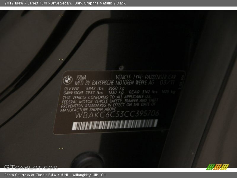 Dark Graphite Metallic / Black 2012 BMW 7 Series 750i xDrive Sedan