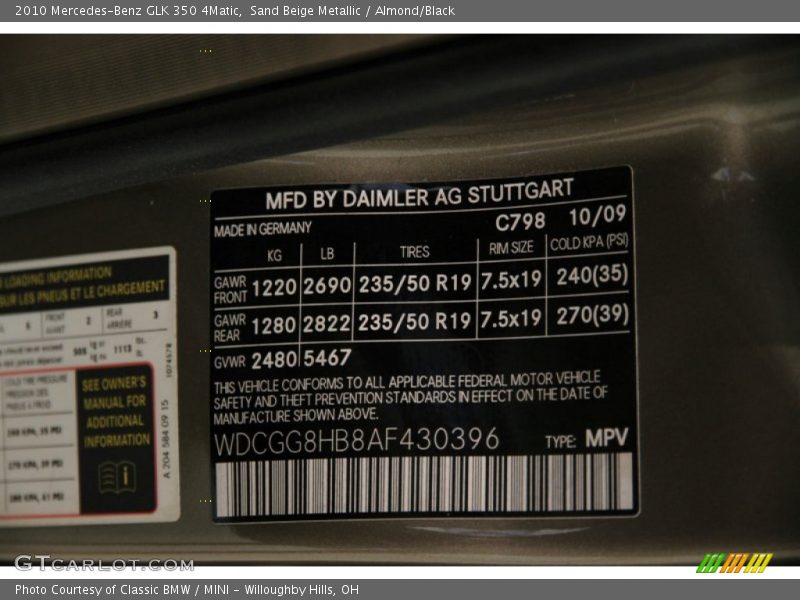 2010 GLK 350 4Matic Sand Beige Metallic Color Code 798