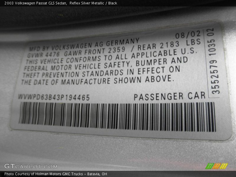 Reflex Silver Metallic / Black 2003 Volkswagen Passat GLS Sedan