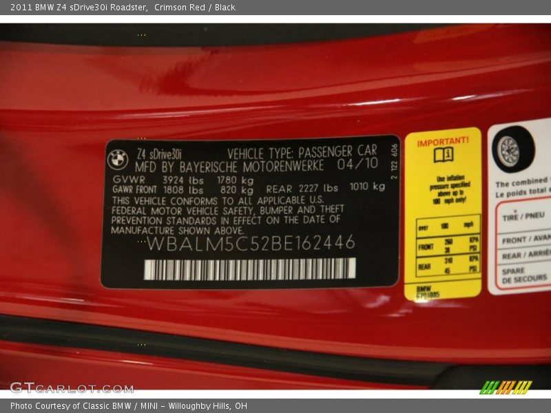 Info Tag of 2011 Z4 sDrive30i Roadster