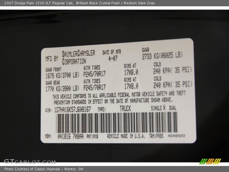 Brilliant Black Crystal Pearl / Medium Slate Gray 2007 Dodge Ram 1500 SLT Regular Cab