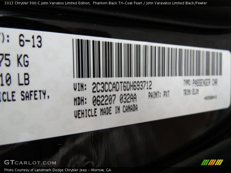 2013 300 C John Varvatos Limited Edition Phantom Black Tri-Coat Pearl Color Code PXT