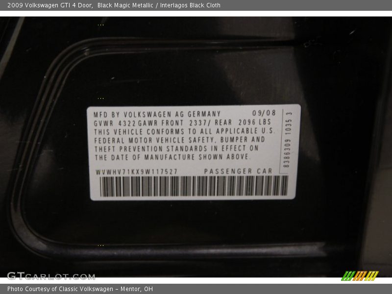 Black Magic Metallic / Interlagos Black Cloth 2009 Volkswagen GTI 4 Door