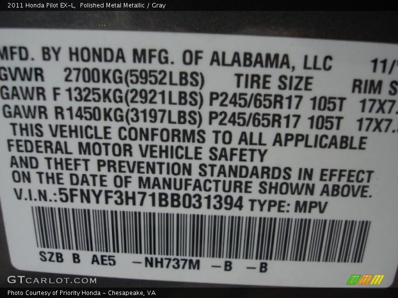 Polished Metal Metallic / Gray 2011 Honda Pilot EX-L