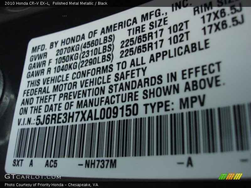 Polished Metal Metallic / Black 2010 Honda CR-V EX-L