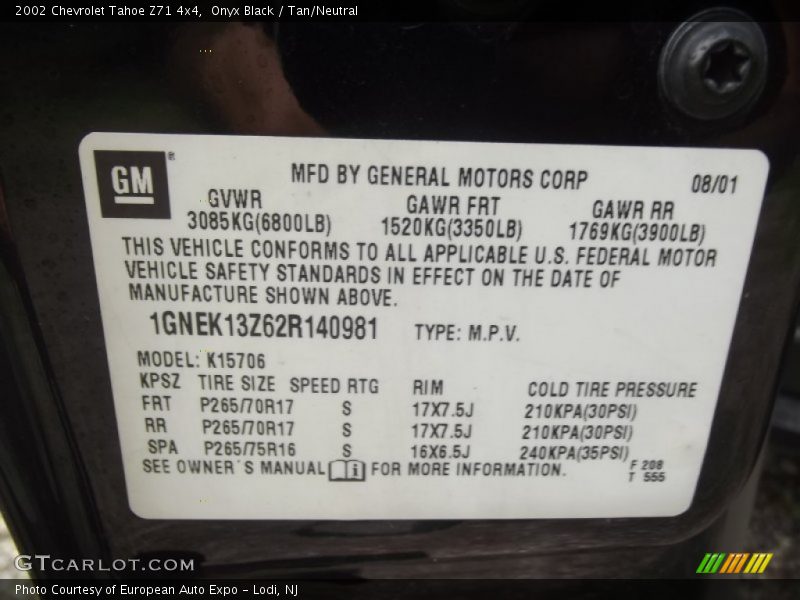Info Tag of 2002 Tahoe Z71 4x4