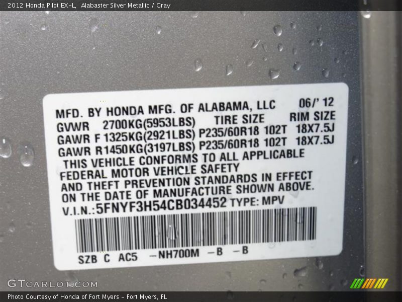 Alabaster Silver Metallic / Gray 2012 Honda Pilot EX-L