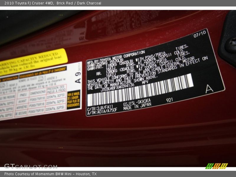 2010 FJ Cruiser 4WD Brick Red Color Code 2JX