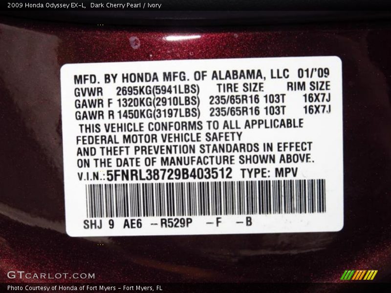 Dark Cherry Pearl / Ivory 2009 Honda Odyssey EX-L