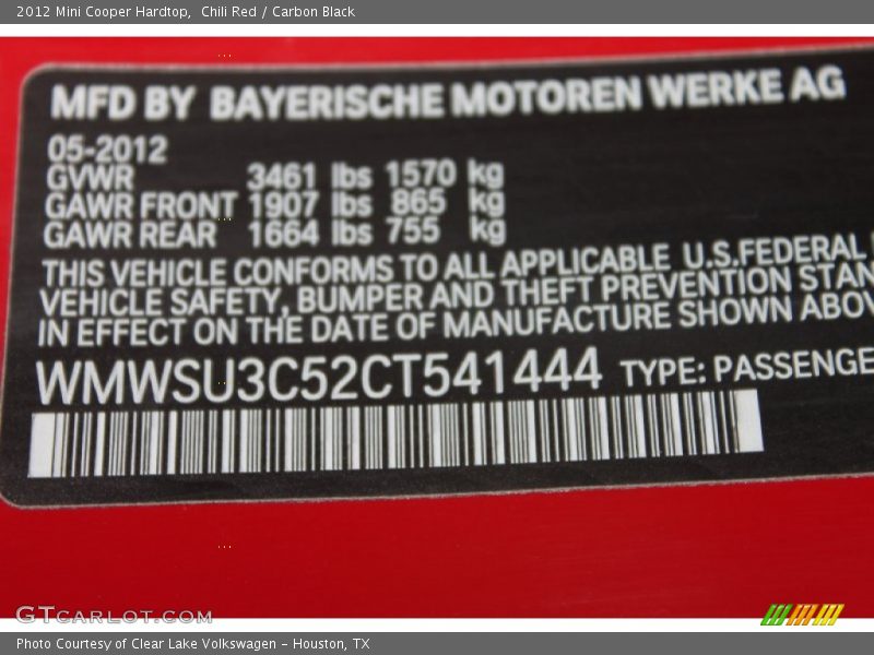 Chili Red / Carbon Black 2012 Mini Cooper Hardtop