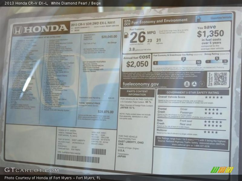 White Diamond Pearl / Beige 2013 Honda CR-V EX-L