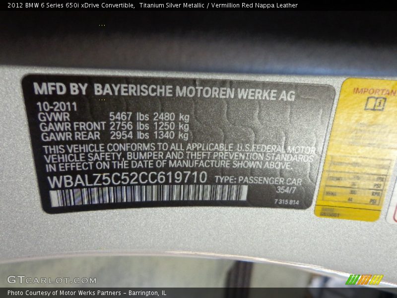 Titanium Silver Metallic / Vermillion Red Nappa Leather 2012 BMW 6 Series 650i xDrive Convertible
