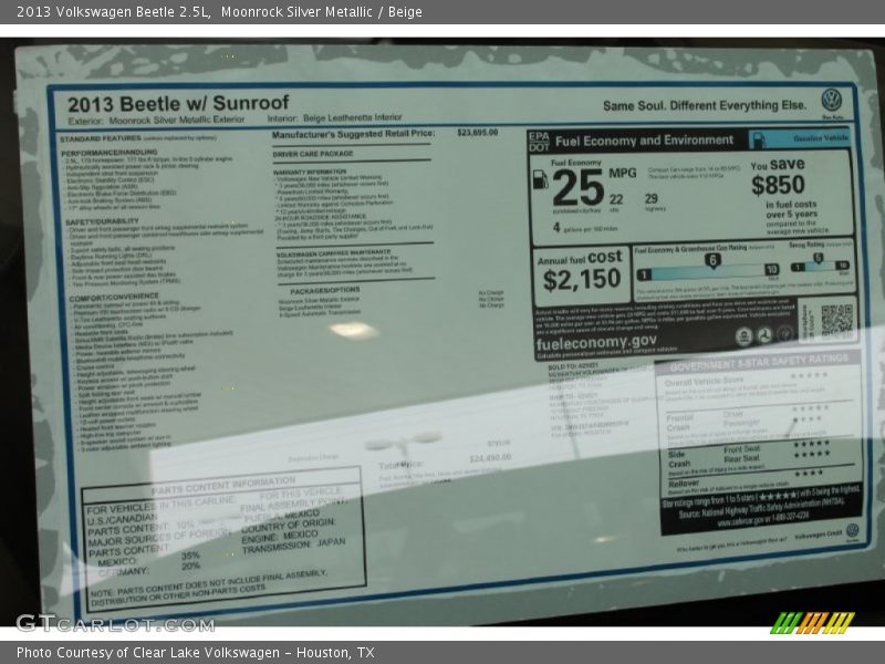  2013 Beetle 2.5L Window Sticker