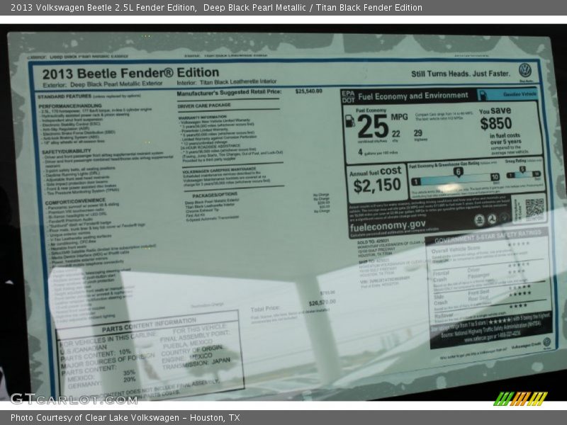 Deep Black Pearl Metallic / Titan Black Fender Edition 2013 Volkswagen Beetle 2.5L Fender Edition