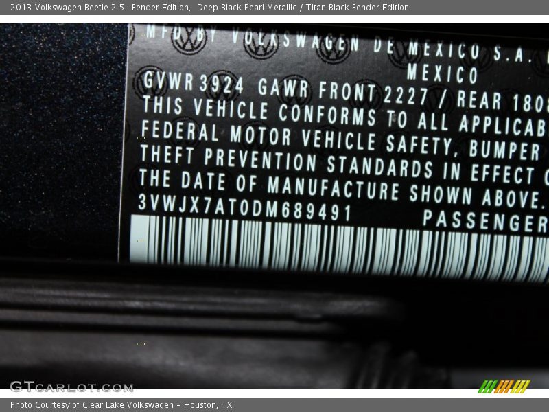 Deep Black Pearl Metallic / Titan Black Fender Edition 2013 Volkswagen Beetle 2.5L Fender Edition