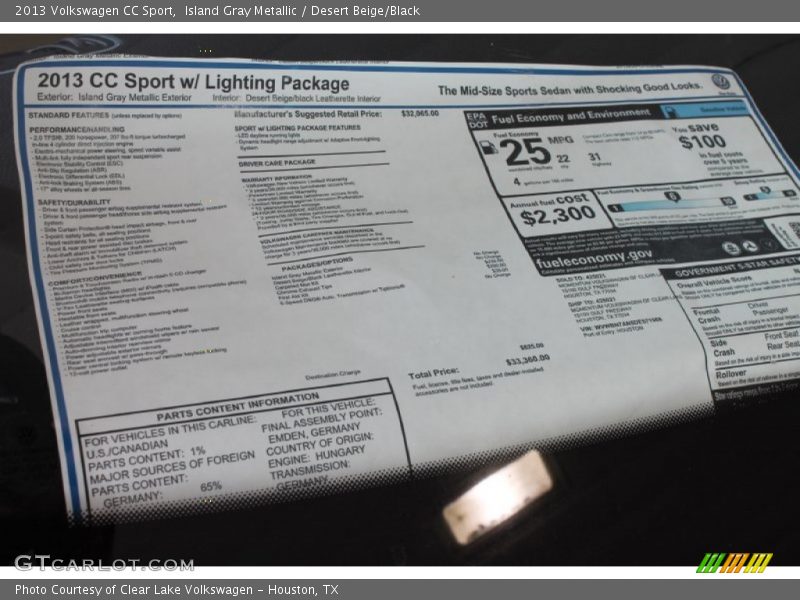 Island Gray Metallic / Desert Beige/Black 2013 Volkswagen CC Sport