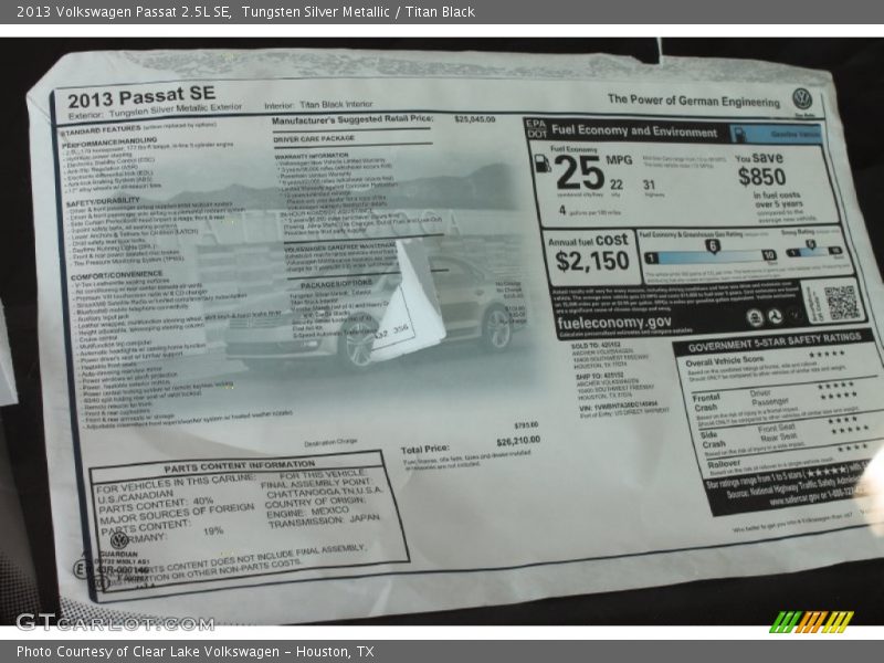 Tungsten Silver Metallic / Titan Black 2013 Volkswagen Passat 2.5L SE