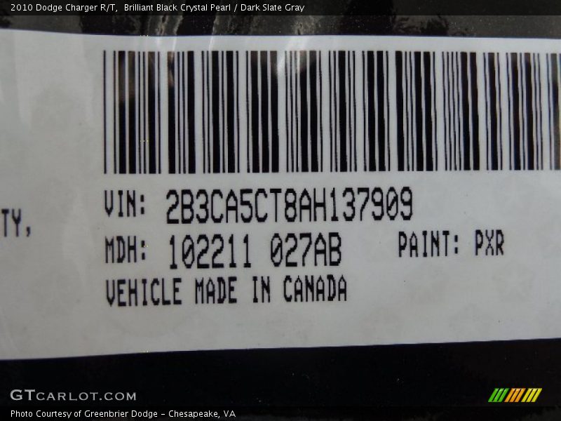 Brilliant Black Crystal Pearl / Dark Slate Gray 2010 Dodge Charger R/T