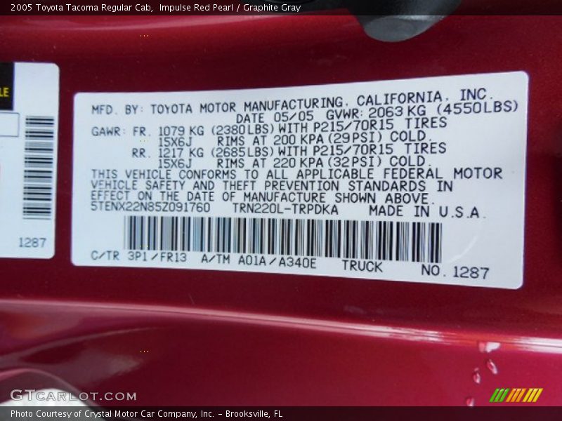 2005 Tacoma Regular Cab Impulse Red Pearl Color Code 3P1