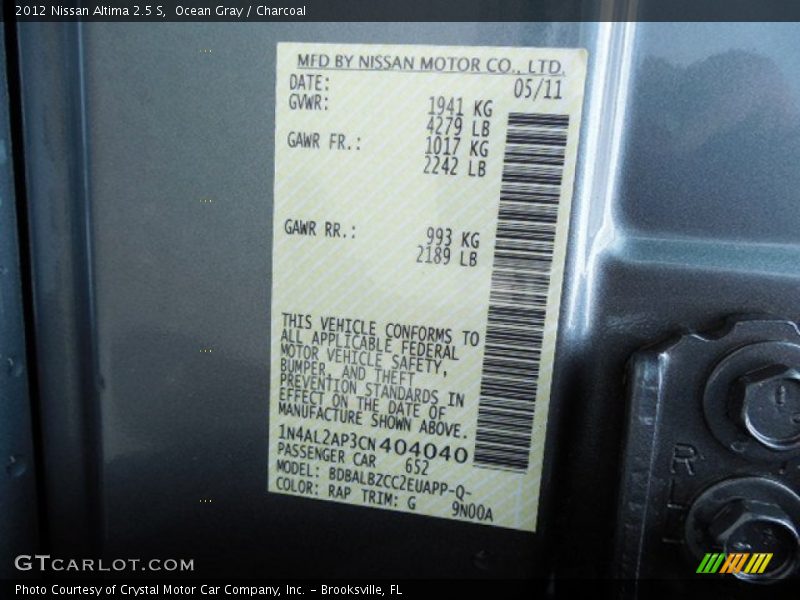 Ocean Gray / Charcoal 2012 Nissan Altima 2.5 S