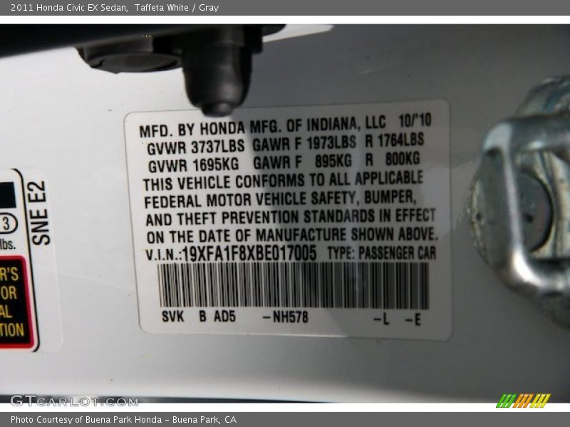 Taffeta White / Gray 2011 Honda Civic EX Sedan