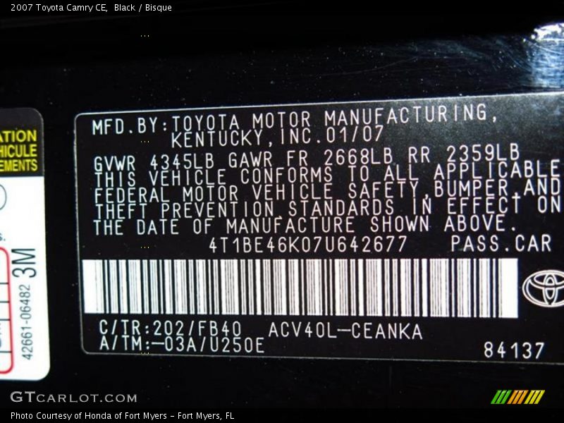 Black / Bisque 2007 Toyota Camry CE