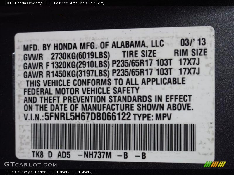 Polished Metal Metallic / Gray 2013 Honda Odyssey EX-L