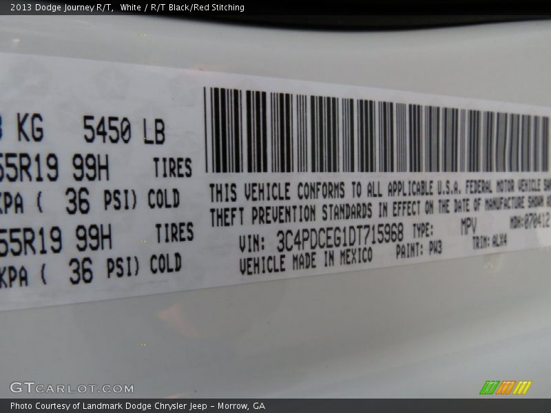 White / R/T Black/Red Stitching 2013 Dodge Journey R/T